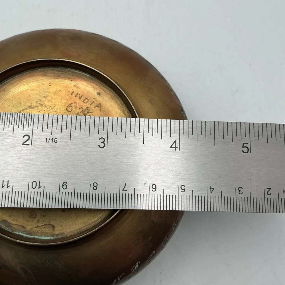 Vintage Brass Bowl w/Wire Grid Cover & Wood Spheres,‎ India, Etched Leaves